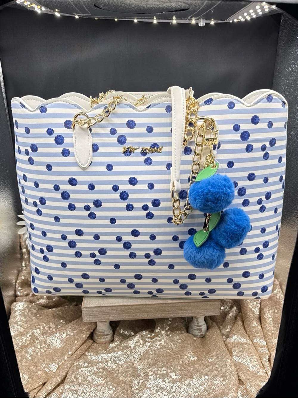 Betsey Johnson XOTOTE Large White tote with blueberries W/ Furry Blueberry-charm